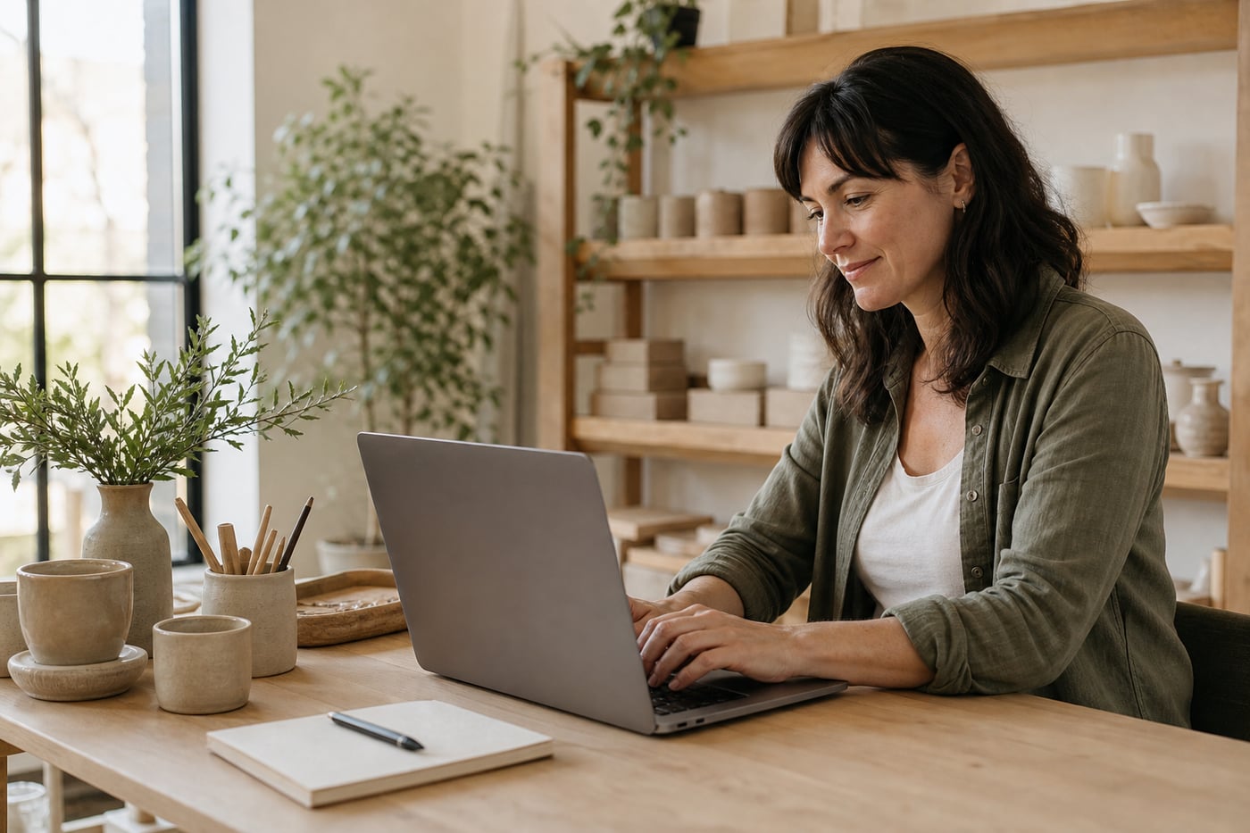 A small business owner working at a laptop in a bright, plant-filled studio.
