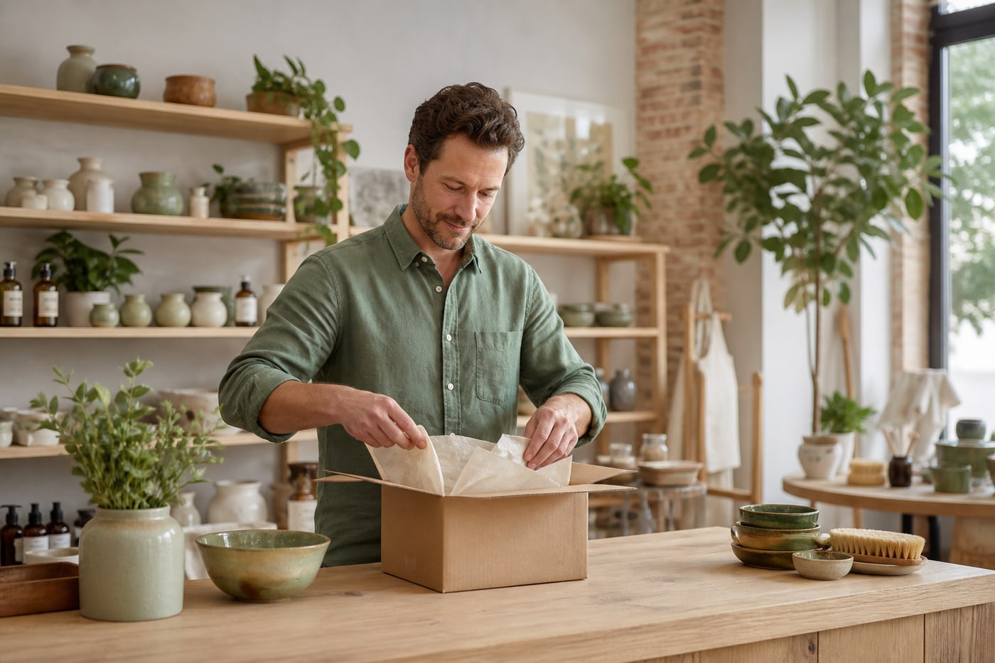 A small business owner packing an order at the counter of a bright homewares shop.